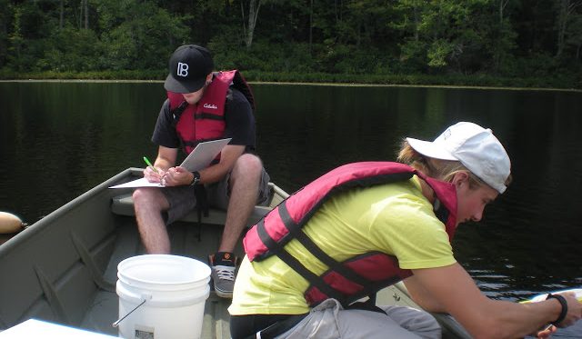 Students studying the ecology of lakes, streams and wetlands