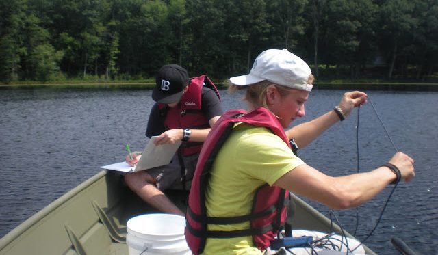 Students studying the ecology of lakes, streams and wetlands