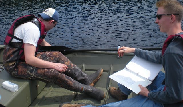 Students studying the ecology of lakes, streams and wetlands